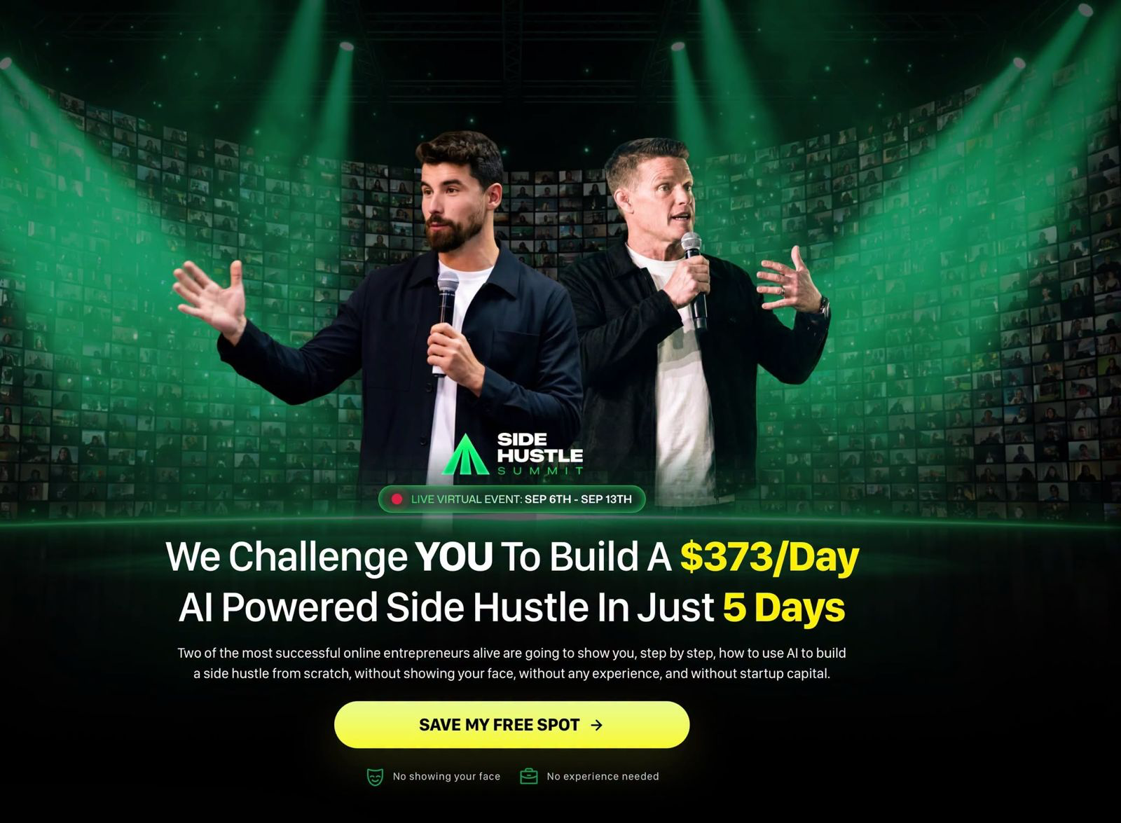 Two presenters on a virtual summit stage with a massive wall of live attendee video screens