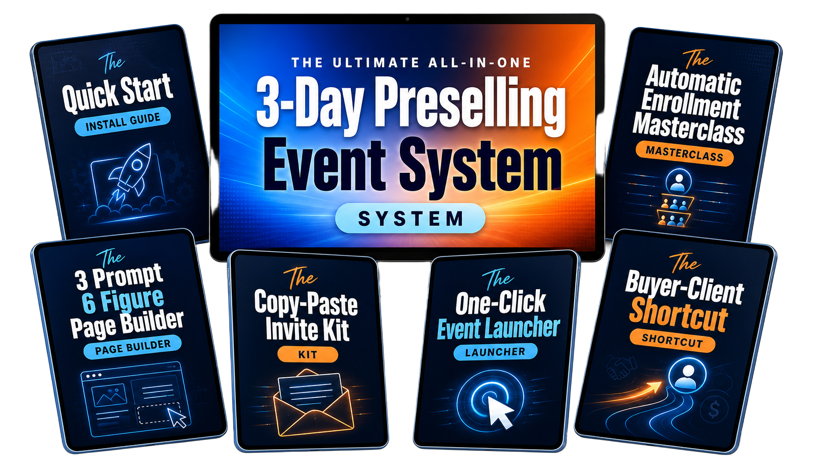 The 3-Day Preselling Event System bundle: masterclass, quick start guide, page builder, invite kit, launcher and shortcut